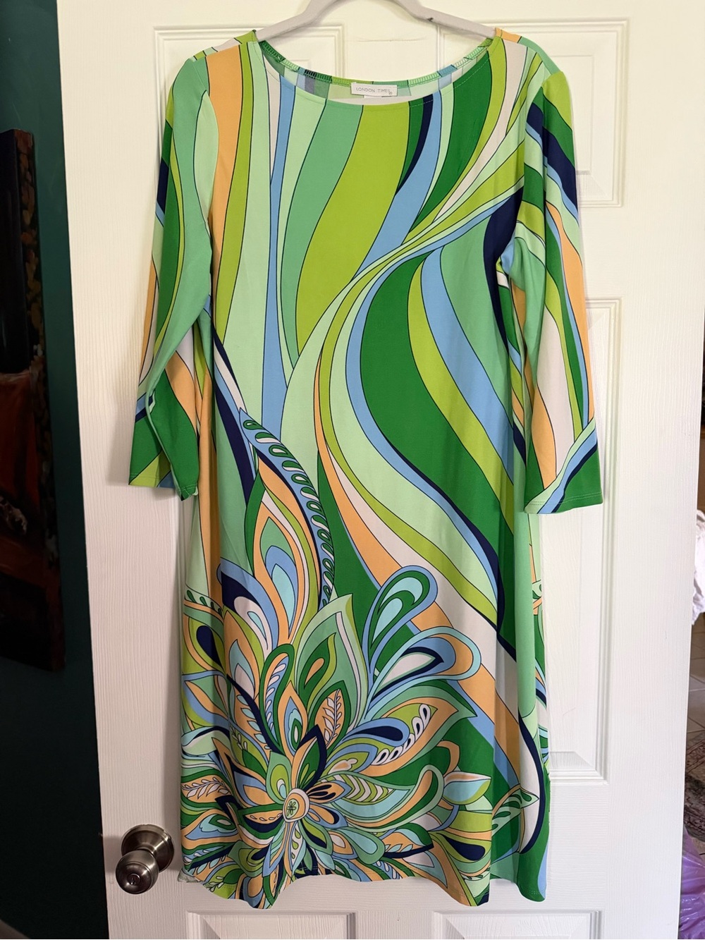 London Times Green Multi-Color Swirl A-Line Dress